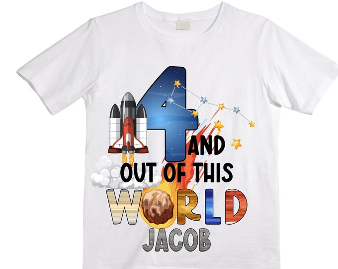 Personalized Space Birthday FOUR Astronaut theme Birthday Shirt. FOUR Birthday. Boy's Birthday Shirt. Spaceship Space ship Birthday Shirt.