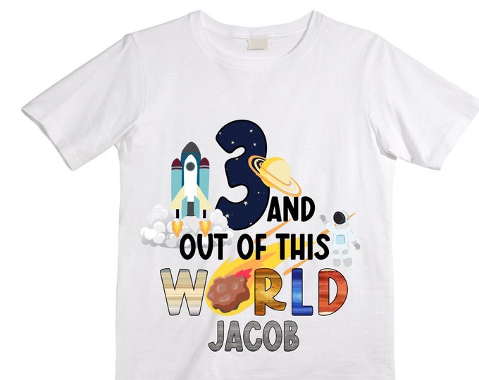 Personalized Space Birthday THREE Astronaut theme Birthday Shirt. THREE Birthday. Boy's Birthday Shirt. Spaceship Space ship Birthday Shirt.