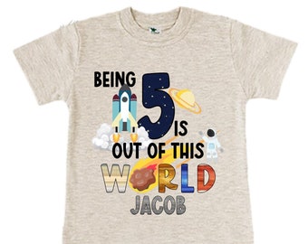Personalized Space Birthday FIVE Astronaut theme Birthday Shirt. 5th Birthday. Boy's Birthday Shirt. Spaceship Space ship Birthday Shirt.