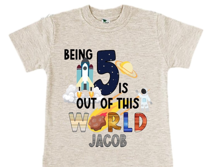 Personalized Space Birthday FIVE Astronaut theme Birthday Shirt. 5th Birthday. Boy's Birthday Shirt. Spaceship Space ship Birthday Shirt.