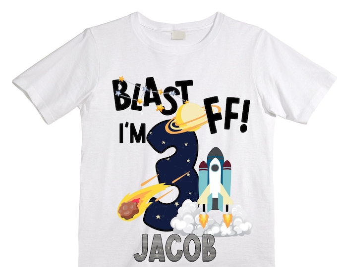 Personalized Space Birthday THREE Astronaut theme Birthday Shirt. THREE Birthday. Boy's Birthday Shirt. Spaceship Space ship Birthday Shirt.