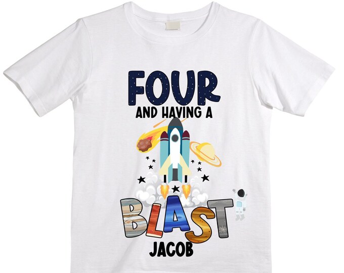 Personalized Space Birthday FOUR Astronaut theme Birthday Shirt. FOUR Birthday. Boy's Birthday Shirt. Spaceship Space ship Birthday Shirt.