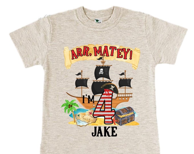 Personalized Pirate Ship FOUR  Raglan Pirate Ship theme Birthday Shirt. Arr matey. Ahoy Matey. Timber Me Shivers. 4th Pirate themed Party.