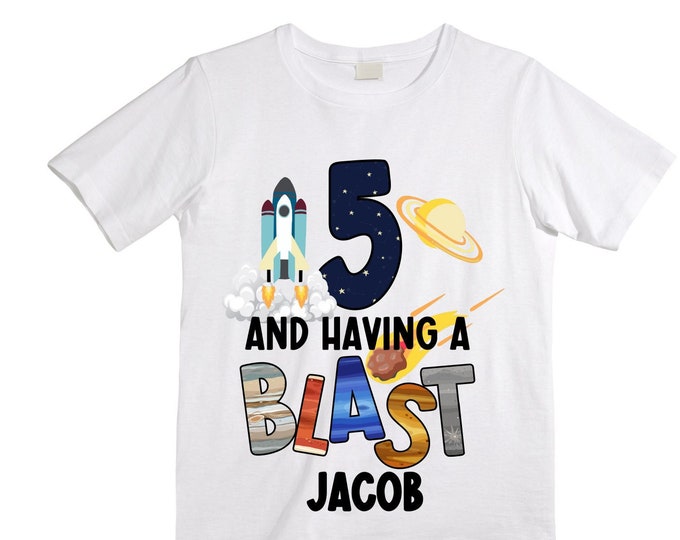 Personalized Space Birthday FIVE Astronaut theme Birthday Shirt. 5th Birthday. Boy's Birthday Shirt. Spaceship Space ship Birthday Shirt.