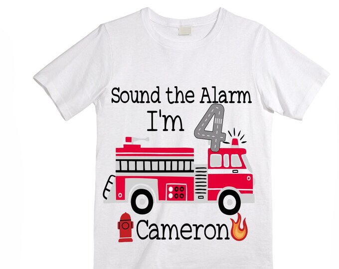 Personalized Sound the Alarm I'm 4Fire Truck FOUR  Raglan Monster Truck theme Birthday Shirt. Fourth Birthday. Boy's Fire Truck Birthday .