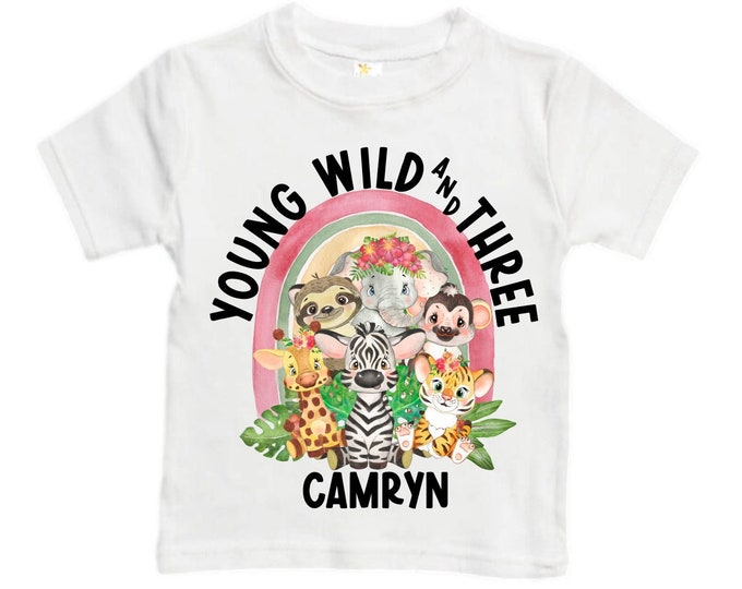 Personalized Young Wild and THREE Safari Rainbow Themed Birthday Shirt. Safari Birthday Shirt. THIRD Birthday Shirt