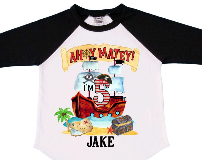Personalized Pirate Ship FIVE Pirate Ship theme Birthday Shirt. Five Birthday. Boy's Pirate. Ahoy Matey, Arr Matey, Arrgh, Shiver Me Timber