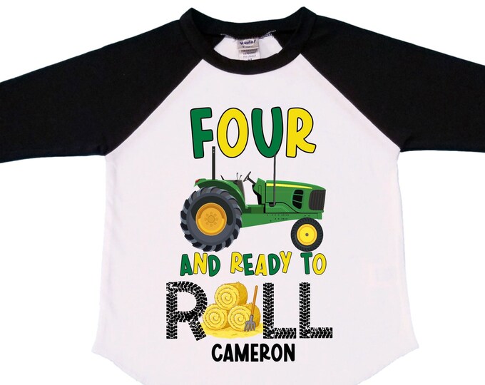 Personalized Tractor FOUR  Raglan Monster Truck theme Birthday Shirt. Two Birthday. Boy's Racing Birthday . Tractor Birthday .