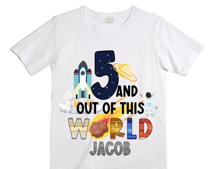 Personalized Space Birthday FIVE Astronaut theme Birthday Shirt. 5th Birthday. Boy's Birthday Shirt. Spaceship Space ship Birthday Shirt.