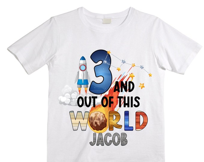Personalized Space Birthday THREE Astronaut theme Birthday Shirt. THREE Birthday. Boy's Birthday Shirt. Spaceship Space ship Birthday Shirt.