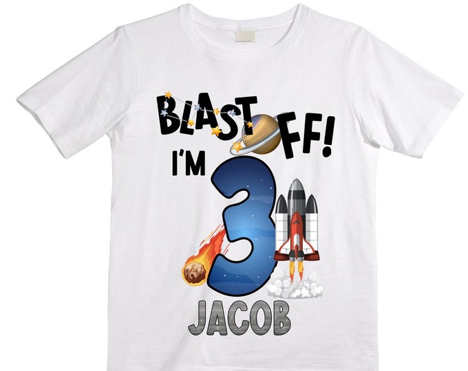 Personalized Space Birthday THREE Astronaut theme Birthday Shirt. THREE Birthday. Boy's Birthday Shirt. Spaceship Space ship Birthday Shirt.