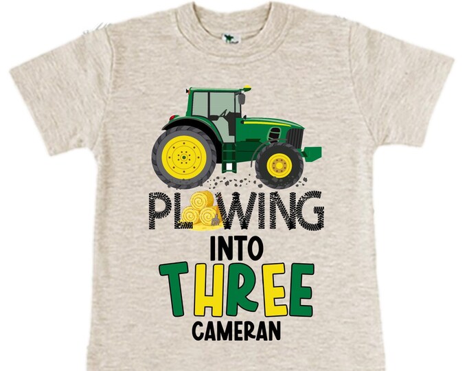 Personalized Tractor theme Birthday Shirt. THREE Birthday. Boy's Truck Birthday Shirt. Tractor Racing Birthday Shirt.