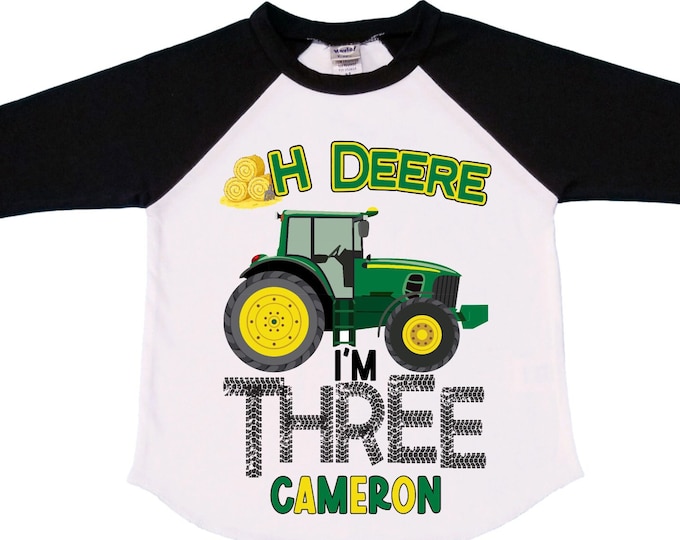 Personalized Tractor theme Birthday Shirt. THREE Birthday. Boy's Truck Birthday Shirt. Tractor Racing Birthday Shirt.