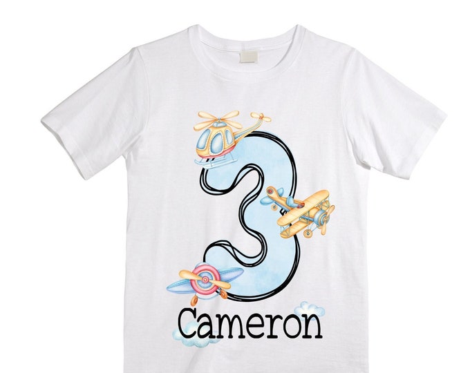 Personalized Airplane theme Birthday Shirt. THREE Birthday. Boy's Airplane Birthday Shirt. Airplane Racing Birthday Shirt.