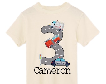 Personalized Police Firetruck Ambulance. Rescue Vehicle theme Birthday Shirt. THREE Birthday. Boy's 3 Birthday. Police Car Birthday Shirt.