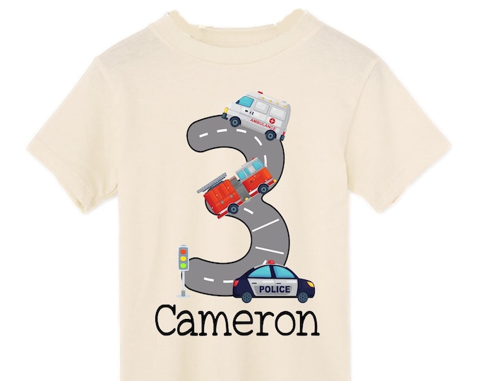 Personalized Police Firetruck Ambulance. Rescue Vehicle theme Birthday Shirt. THREE Birthday. Boy's 3 Birthday. Police Car Birthday Shirt.