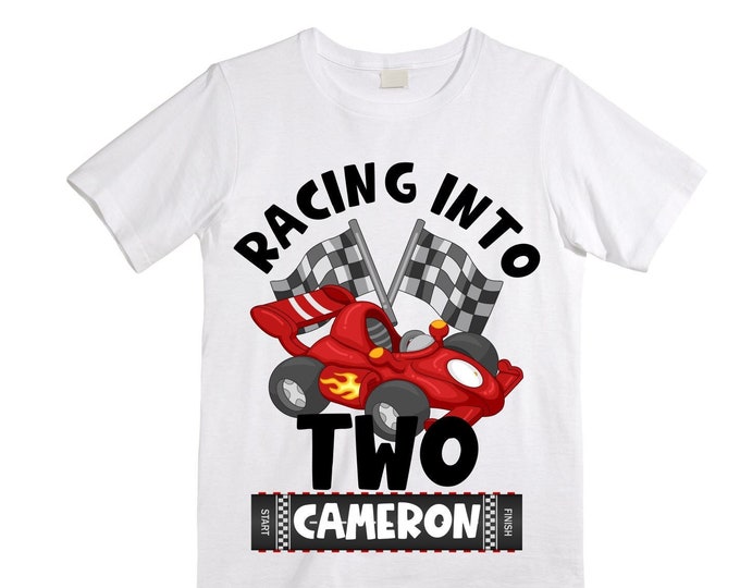 Personalized RaceCar theme Birthday Shirt. Two Birthday. Boy's Car Birthday Shirt. Race Car Racing Birthday Shirt.