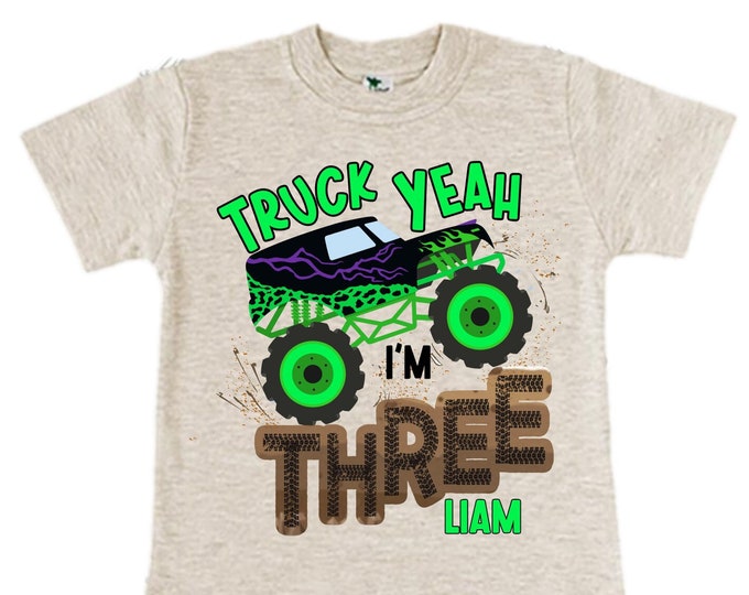 Personalized Monster Truck theme Birthday Shirt. THREE Birthday. Boy's Truck Birthday Shirt. Monster Truck Racing Birthday Shirt.