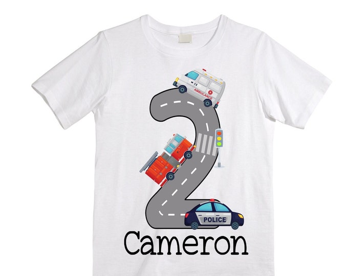 Personalized Police Fire Truck Ambulance Rescue. Rescue Vehicle Themed Birthday Shirt. Two Birthday. Boy's Police Car Birthday Shirt.
