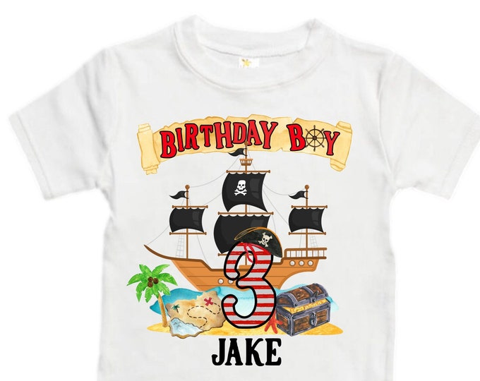 Personalized Pirate Ship theme Birthday Shirt. THREE Birthday. Boy's Pirate Birthday. Timber me Shivers. Arr Matey. Ahoy Matey. Arrgh. 3rd