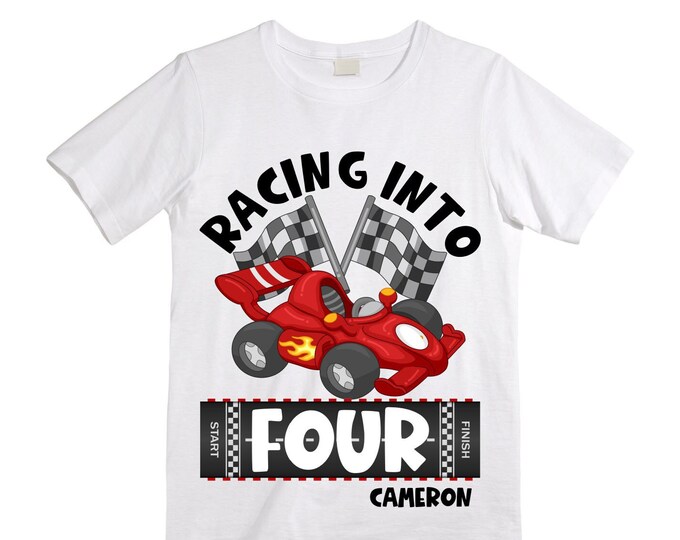 Personalized RaceCar FOUR  Race Car theme Birthday Shirt. FOUR Birthday. Boy's Racing Birthday . Racecar Birthday