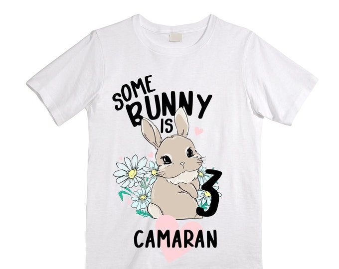 Some BUNNY is THREE - Bunny Rabbit Birthday Girl Shirt. Cake Smash Birthday Shirt. Three . Birthday Shirt