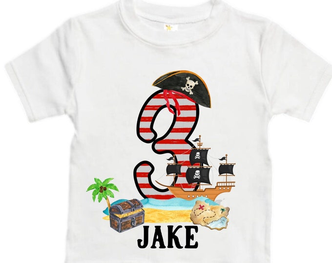 Personalized Pirate Ship theme Birthday Shirt. THREE Birthday. Boy's Pirate Birthday. Timber me Shivers. Arr Matey. Ahoy Matey. Arrgh. 3rd