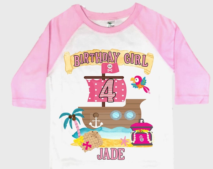 Personalized Pirate Ship Rainbow Four Birthday Girl Shirt. Ahoy Matey, Arrgh, Arr Matey. Shiver Me Timbers Pirate Themed 4th Birthday