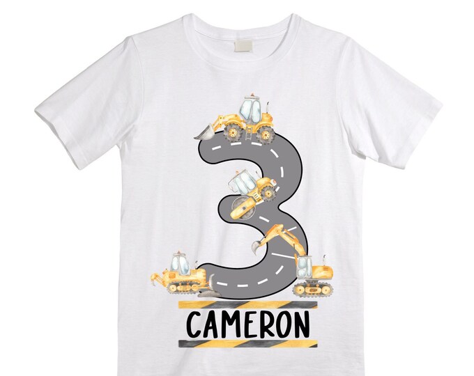 Personalized 3 Digger Construction theme Birthday Shirt. THREE Birthday. Boy's Dump Truck Birthday Shirt.