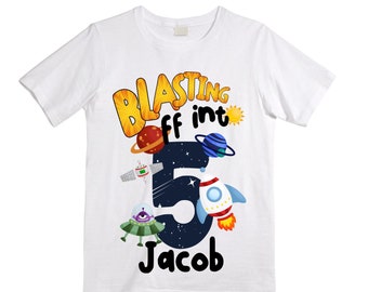 Personalized Space Birthday FIVE Astronaut theme Birthday Shirt. 5th Birthday. Boy's Birthday Shirt. Spaceship Space ship Birthday Shirt.