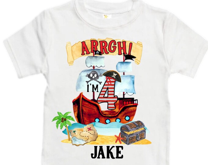 Personalized Pirate Ship FOUR  Raglan Pirate Ship theme Birthday Shirt. Arr matey. Ahoy Matey. Timber Me Shivers. 4th Pirate themed Party.