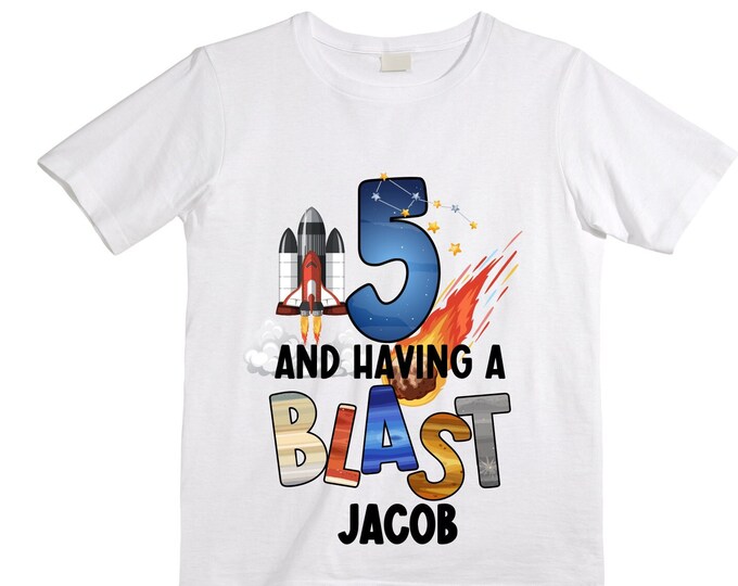 Personalized Space Birthday FIVE Astronaut theme Birthday Shirt. 5th Birthday. Boy's Birthday Shirt. Spaceship Space ship Birthday Shirt.