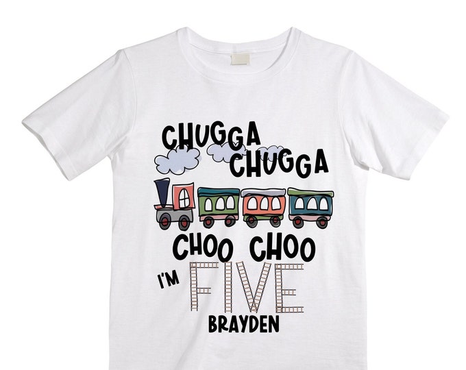 Personalized Choo Choo I'm 5 Train theme Birthday Shirt. Five Birthday. Boy's Train Birthday Shirt. Choo Choo Train Birthday Shirt.