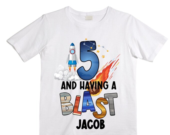 Personalized Space Birthday FIVE Astronaut theme Birthday Shirt. 5th Birthday. Boy's Birthday Shirt. Spaceship Space ship Birthday Shirt.