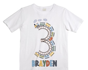 Personalized Choo Choo I'm 3 Train theme Birthday Shirt. Three Birthday. Boy's Train Birthday Shirt. Choo Choo Train Birthday Shirt.