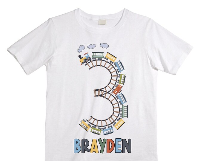 Personalized Choo Choo I'm 3 Train theme Birthday Shirt. Three Birthday. Boy's Train Birthday Shirt. Choo Choo Train Birthday Shirt.