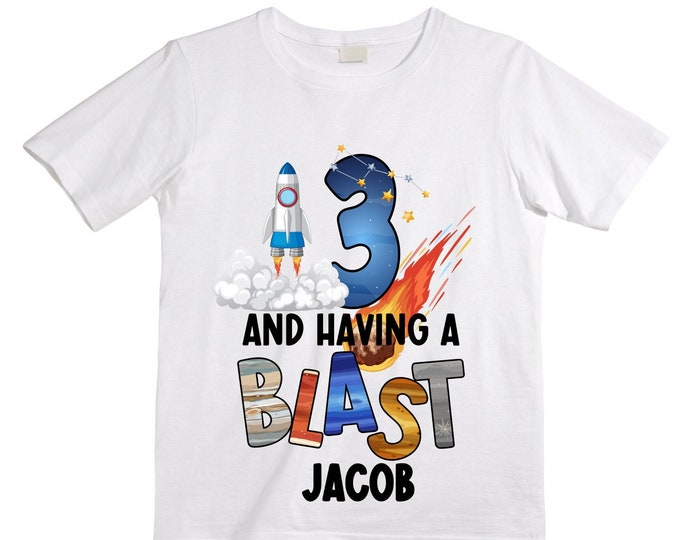 Personalized Space Birthday THREE Astronaut theme Birthday Shirt. THREE Birthday. Boy's Birthday Shirt. Spaceship Space ship Birthday Shirt.