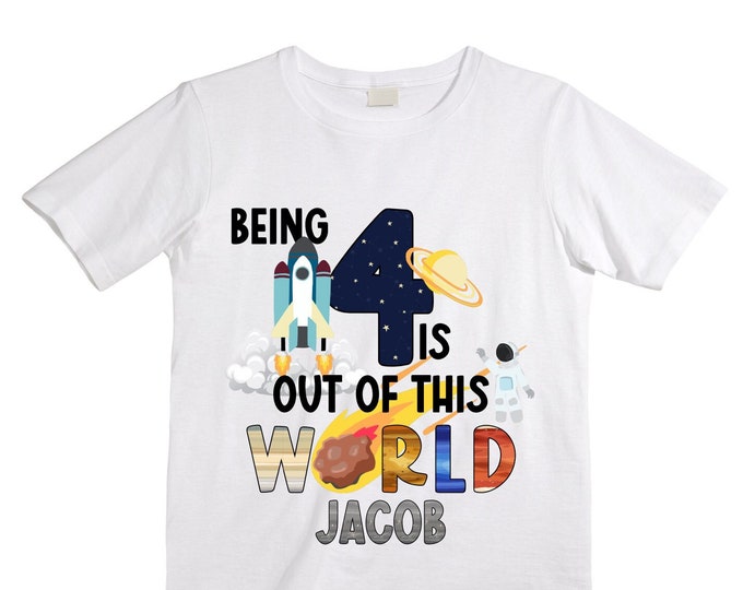 Personalized Space Birthday FOUR Astronaut theme Birthday Shirt. FOUR Birthday. Boy's Birthday Shirt. Spaceship Space ship Birthday Shirt.