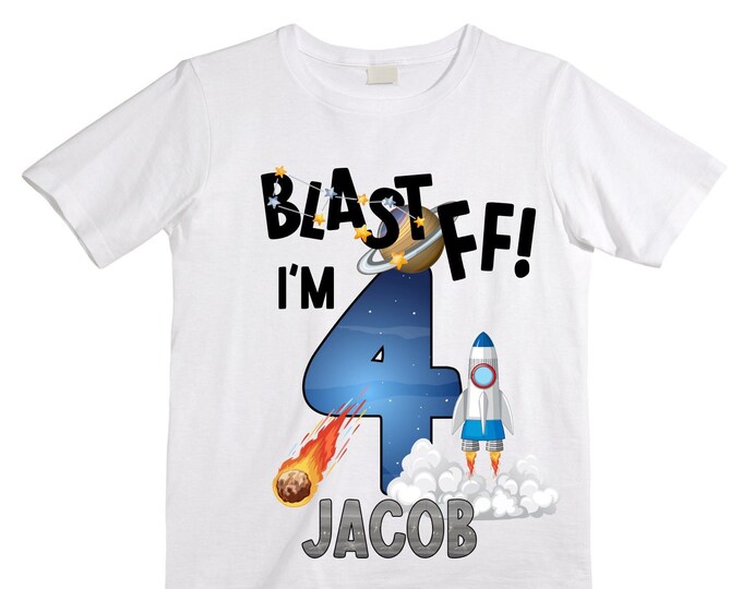 Personalized Space Birthday FOUR Astronaut theme Birthday Shirt. FOUR Birthday. Boy's Birthday Shirt. Spaceship Space ship Birthday Shirt.