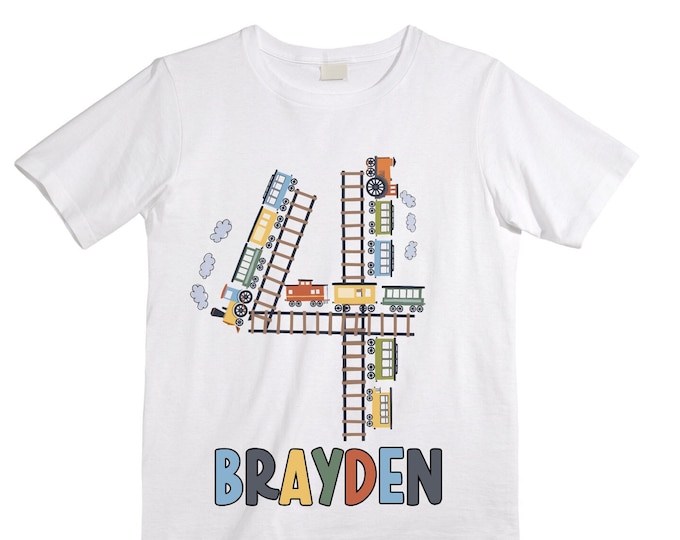 Personalized Choo Choo I'm 4 Train theme Birthday Shirt. Four Birthday. Boy's Train Birthday Shirt. Choo Choo Train Birthday Shirt.