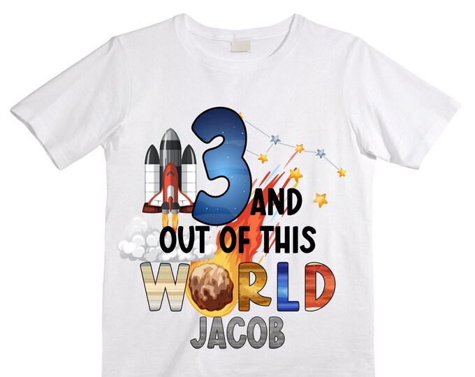 Personalized Space Birthday THREE Astronaut theme Birthday Shirt. THREE Birthday. Boy's Birthday Shirt. Spaceship Space ship Birthday Shirt.