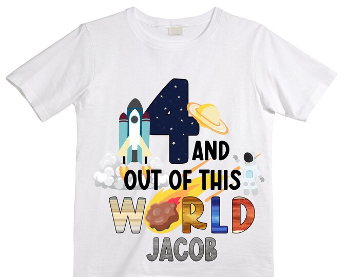 Personalized Space Birthday FOUR Astronaut theme Birthday Shirt. FOUR Birthday. Boy's Birthday Shirt. Spaceship Space ship Birthday Shirt.