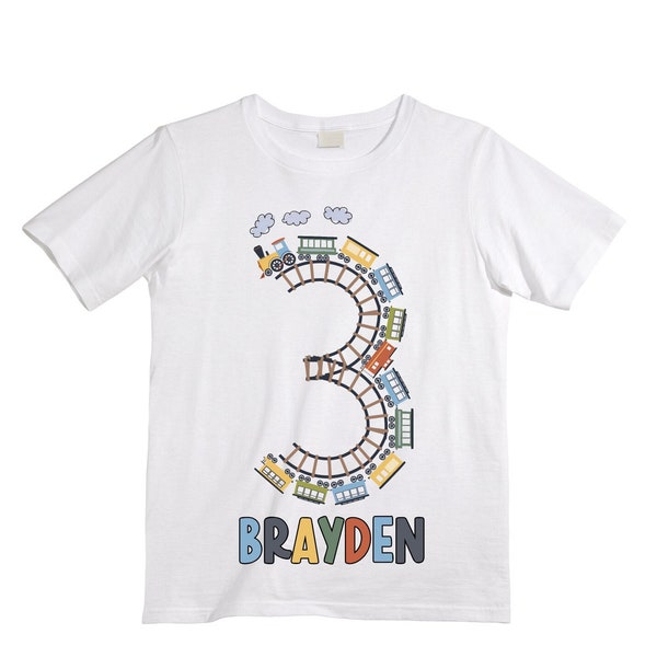 Personalized Choo Choo I'm 3 Train theme Birthday Shirt. Three Birthday. Boy's Train Birthday Shirt. Choo Choo Train Birthday Shirt.