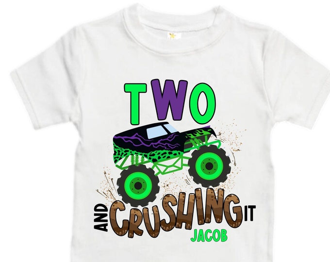 Personalized Monster Truck theme Birthday Shirt. Two Birthday. Boy's Truck Birthday Shirt. Monster Truck Racing Birthday Shirt.