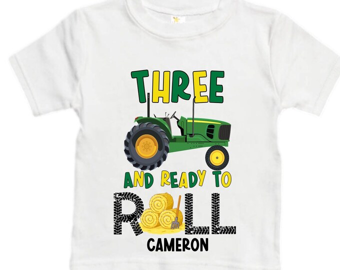 Personalized Tractor theme Birthday Shirt. THREE Birthday. Boy's Truck Birthday Shirt. Tractor Racing Birthday Shirt.