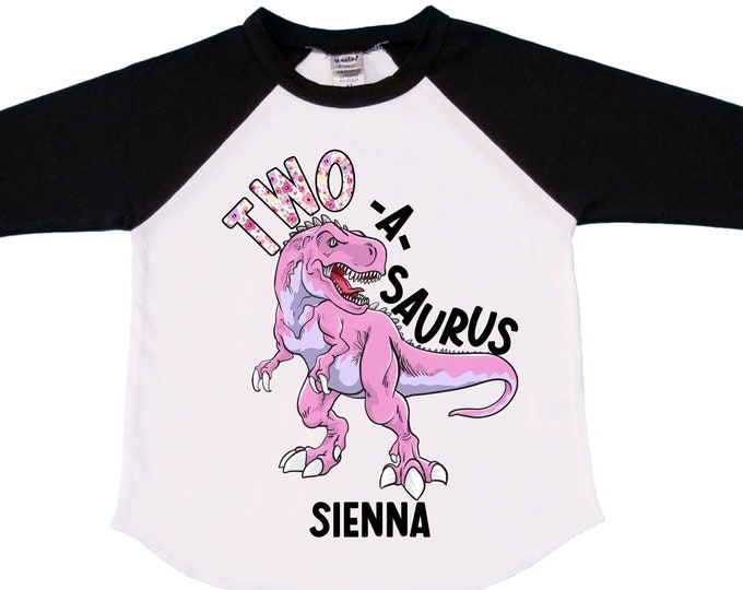 Personalized Two Rex Raglan Dinosaur theme Birthday Shirt. Two Birthday. Girl's Dino Birthday Shirt. Dinosaur Birthday Shirt.