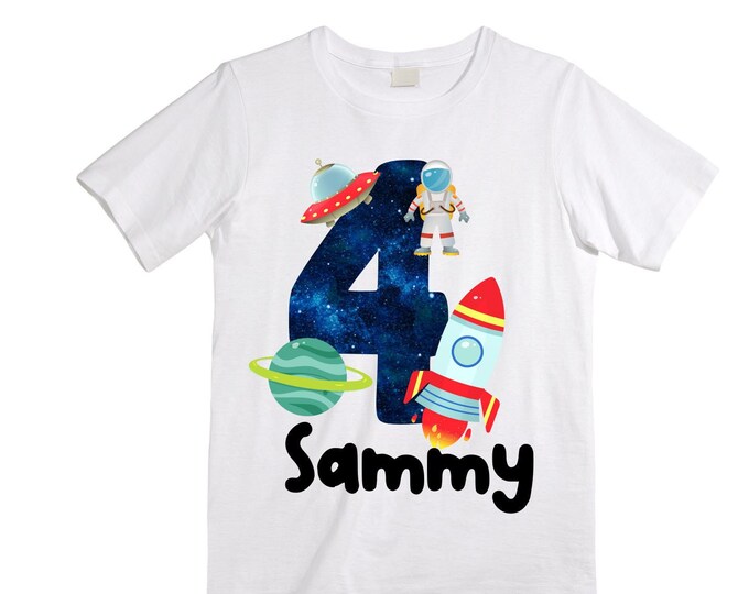 Personalized Space Birthday FOUR Astronaut theme Birthday Shirt. FOUR Birthday. Boy's Birthday Shirt. Spaceship Space ship Birthday Shirt.