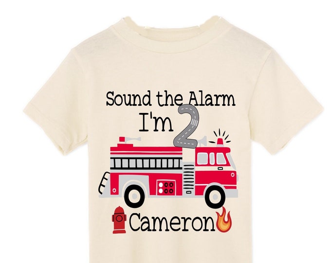 Personalized Sound the Alarm I'm 2 Fire Truck theme Birthday Shirt. Two Birthday. Boy's Truck Birthday Shirt. Fire Truck Birthday Shirt.