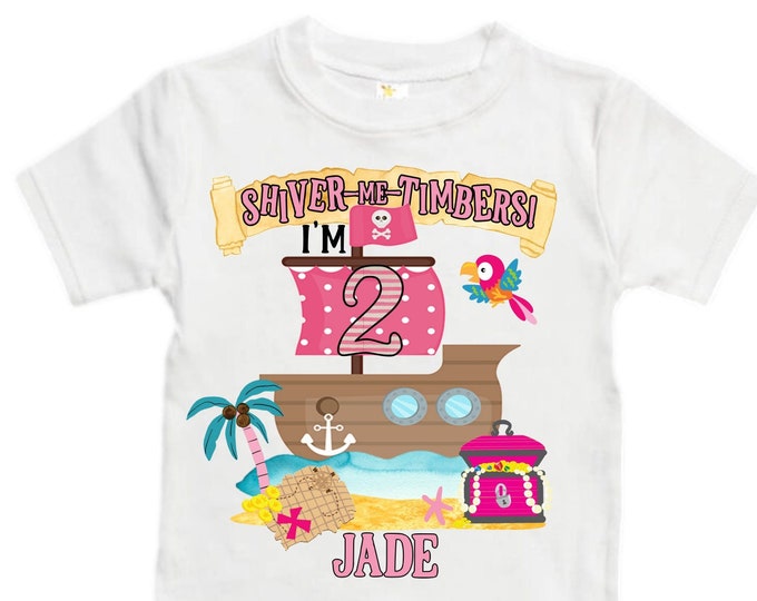 Personalized Two Pirate Rainbow . Pirate Ship.  Arrgh, Shiver me Timbers. Ahoy Matey Girls Birthday Shirt. 2nd Birthday Girl. Pirate Second