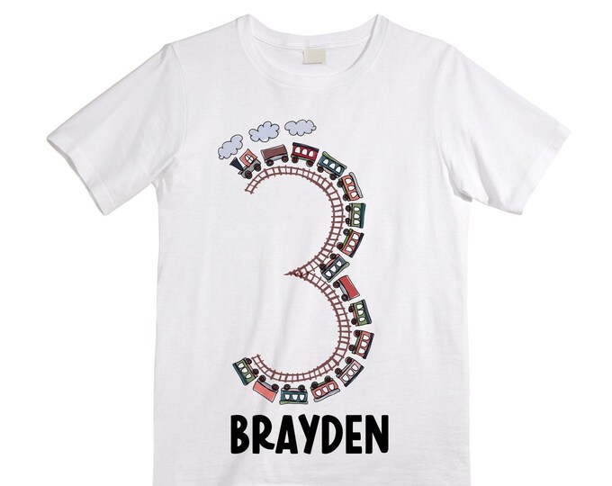 Personalized Choo Choo I'm 3 Train theme Birthday Shirt. Three Birthday. Boy's Train Birthday Shirt. Choo Choo Train Birthday Shirt.